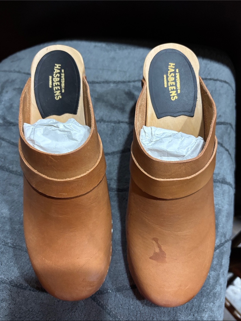 Swedish Hasbeens Tan Leather Clogs Mules